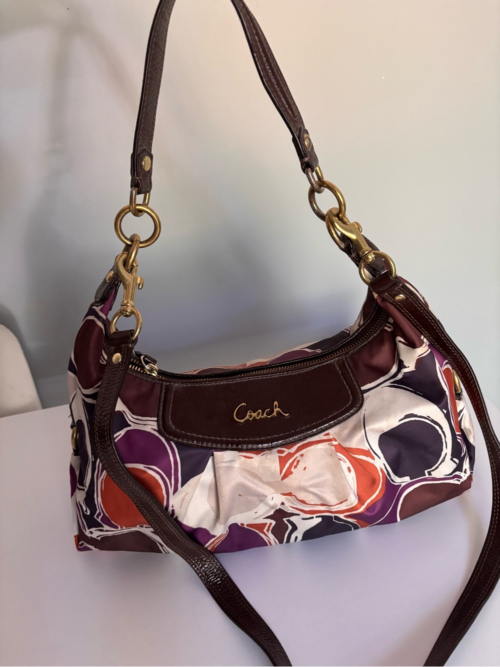 Coach Brown Leather-Trim Multicolor Circle Print Shoulder Bag